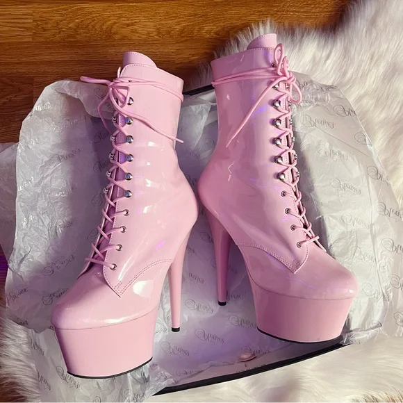 🌸 {nib} Pleasers Adore 7” Stiletto Lace-Up Ankle Boot Heels 12 - Picture 4 of 13